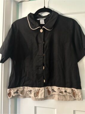 Black Short-Sleeve Shirt with Animal Trim